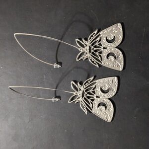 Silver Tone Moth Moon Ear Threader Dangle Statement Earrings